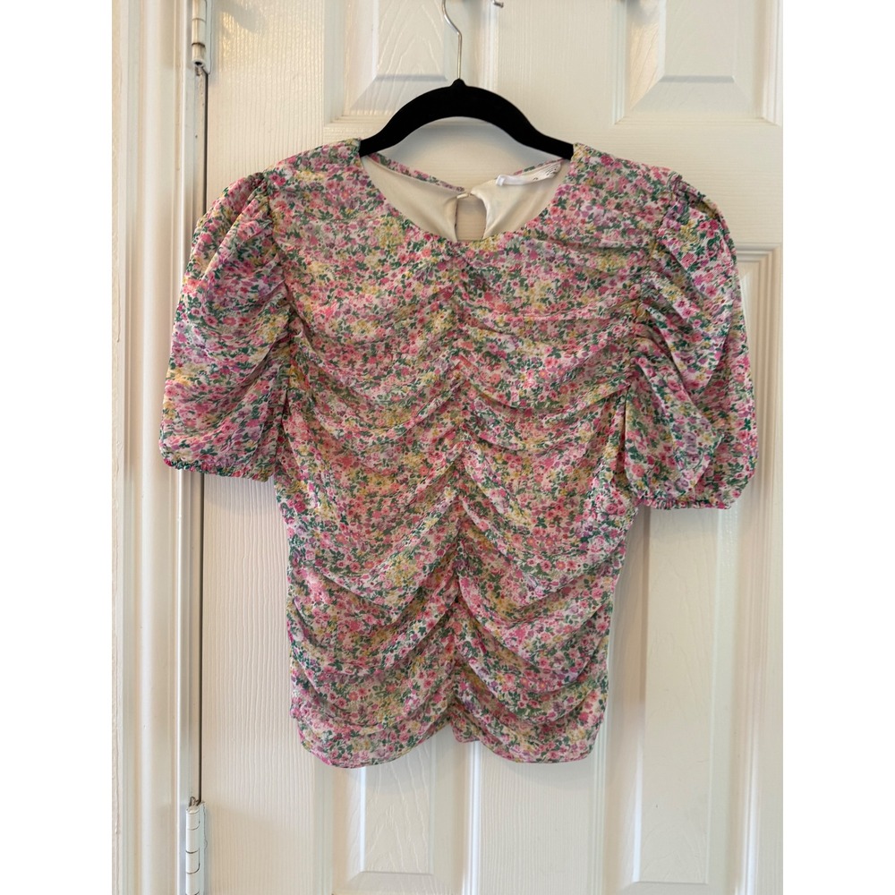 MNG Mango Floral Ruched Puff Sleeve Top Pink Cottagecore Coquette M - Picture 2 of 7